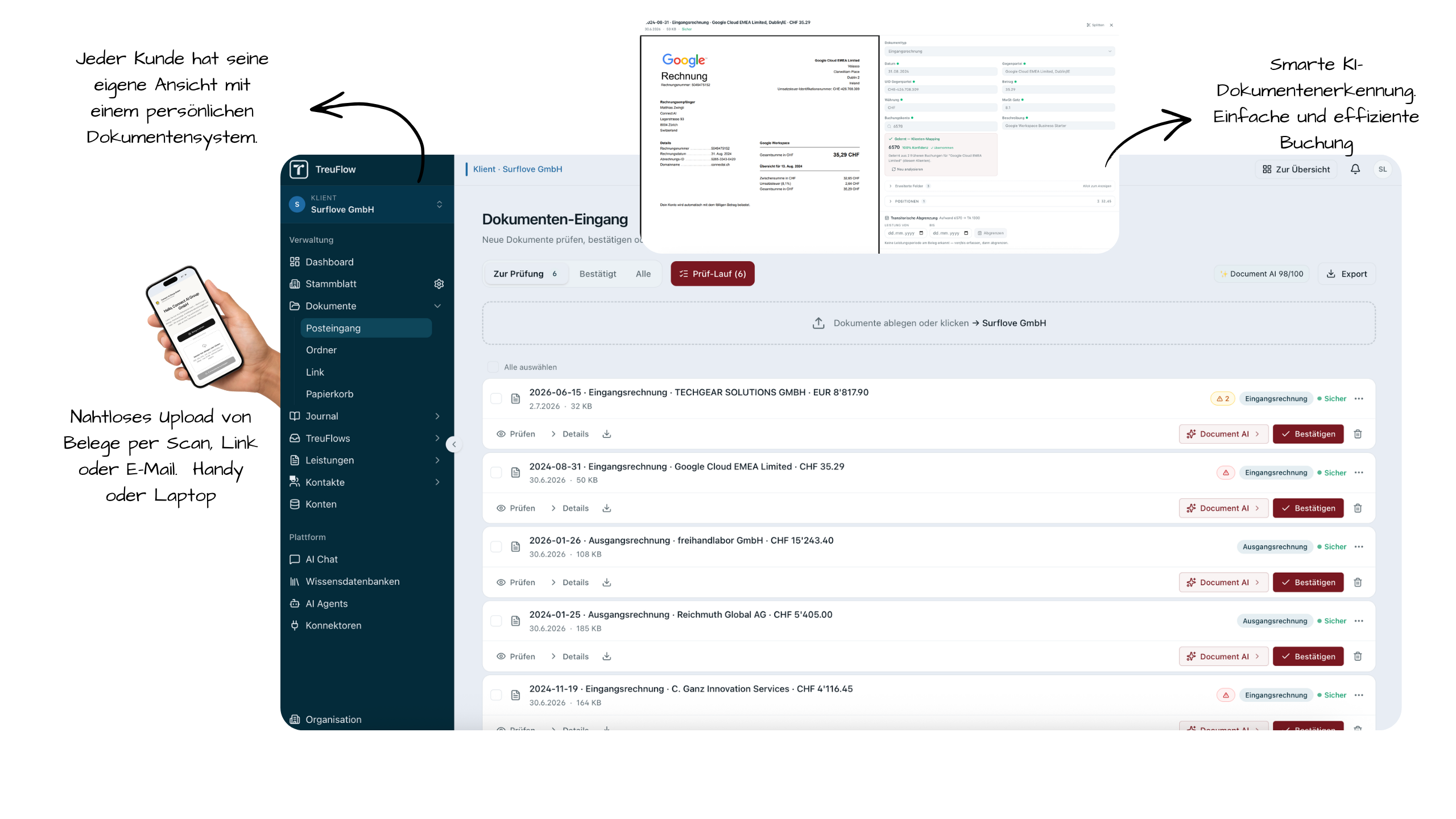 TreuFlow Posteingang: eingegangene Belege mit KI-Erkennung und Freigabe
